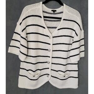 Talbots Women's LG Button Up Short Sleeve White Navy Striped Cardigan Nautical